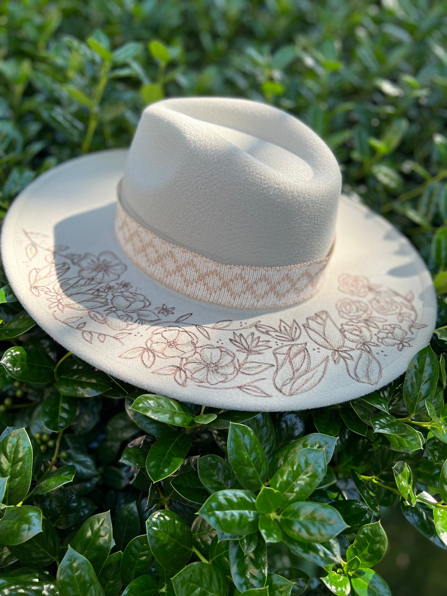 Minty | Wide Brim Hat | Mint Colored | Hand Burned Florals